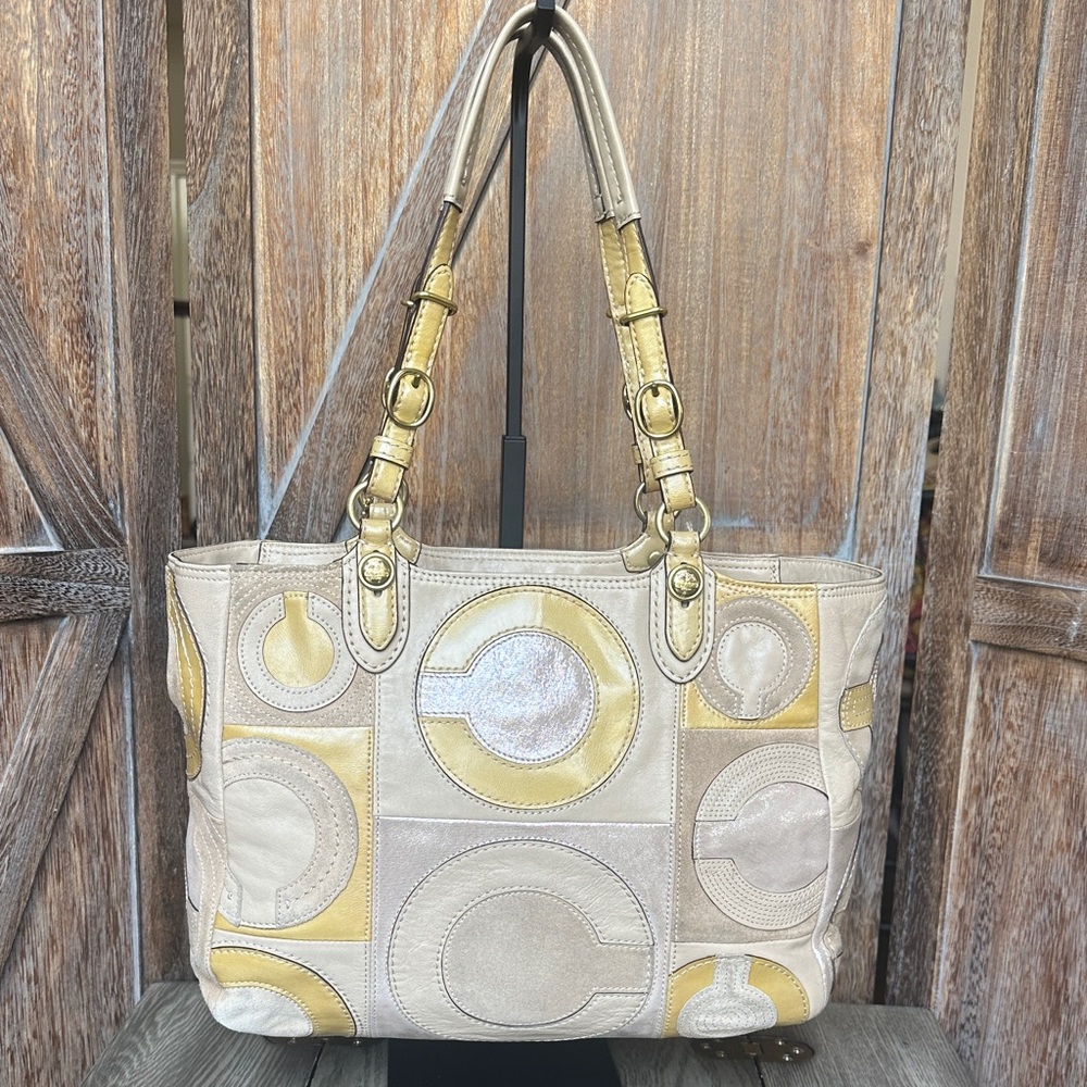 Coach 15748 Mia Inlaid Natural Multicolor Paten Leather Suede Tote Shoulder Bag - Picture 2 of 16
